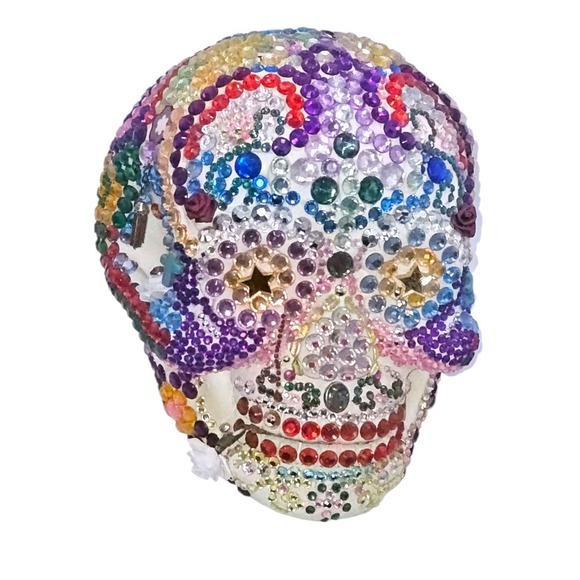 Day Of The Dead Rainbow Rhinestones 3D Fullsize Bling Ceramic Skull Handcrafted - Picture 3 of 13